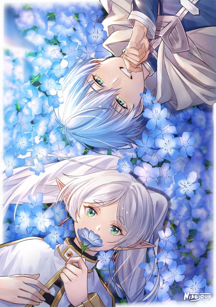 A fan-art of the characters Frieren and Himmel from the series "Frieren: Beyond Journey's End" lying on a field of lowers.