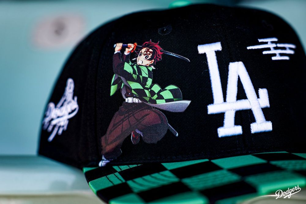 A closeup shot of the Dodgers x Demon Slayer hat.