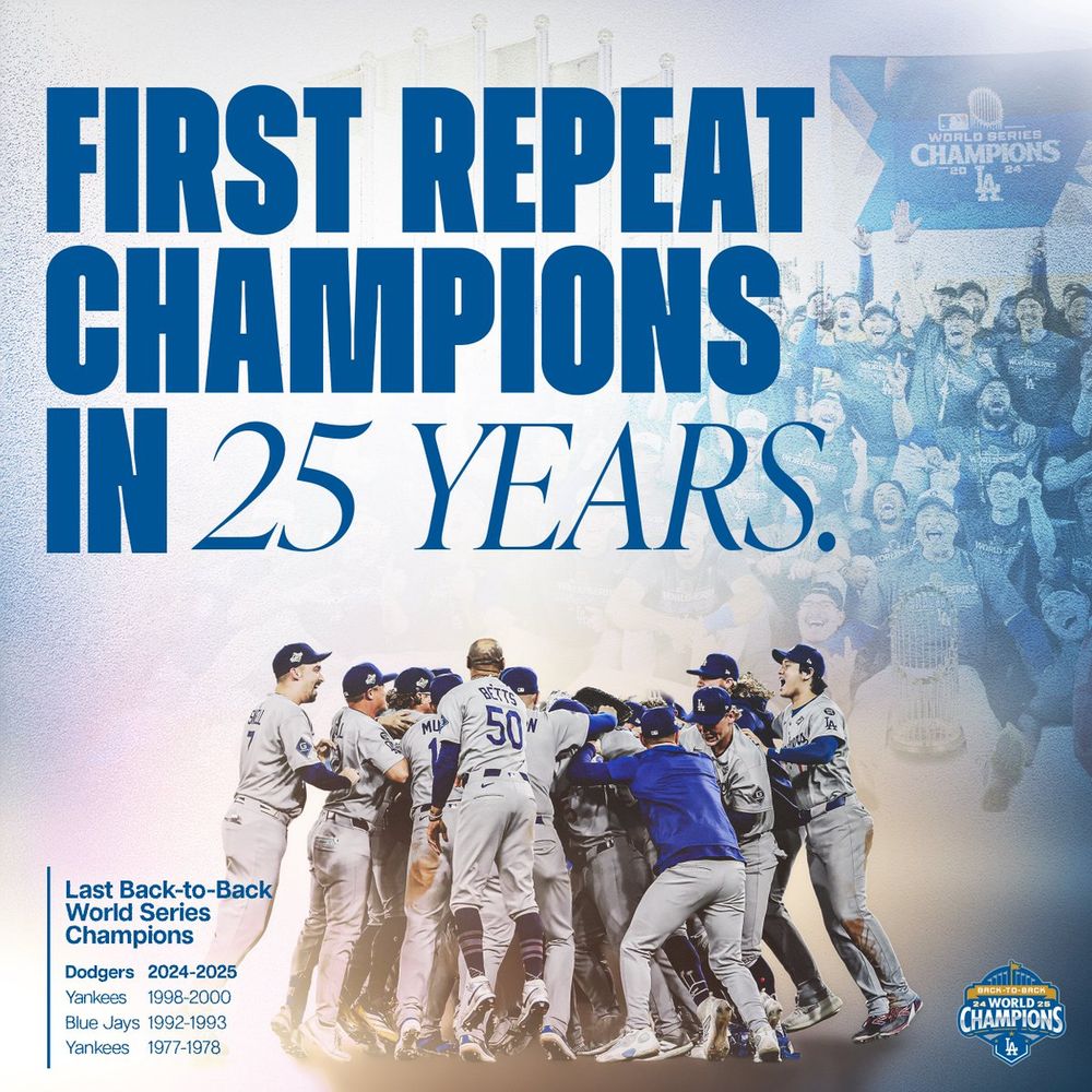 First repeat champions in 25 years. 

Last back-to-back World Series Champions:

Dodgers 2024-2025
Yankees 1998-2000 
Blue Jays 1992-1993 
Yankees 1977-1978