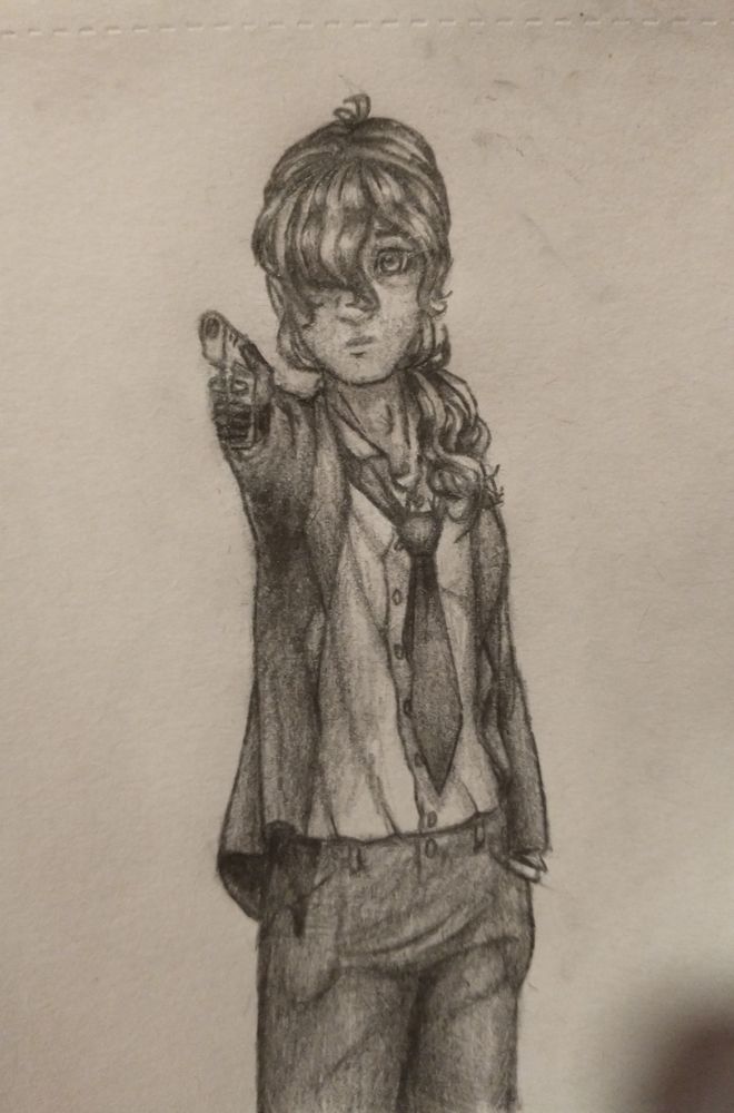 The artist's rendition of Patrick O'Connor from FTO. He is standing with his gun pointed forward, with one hand in his pocket.