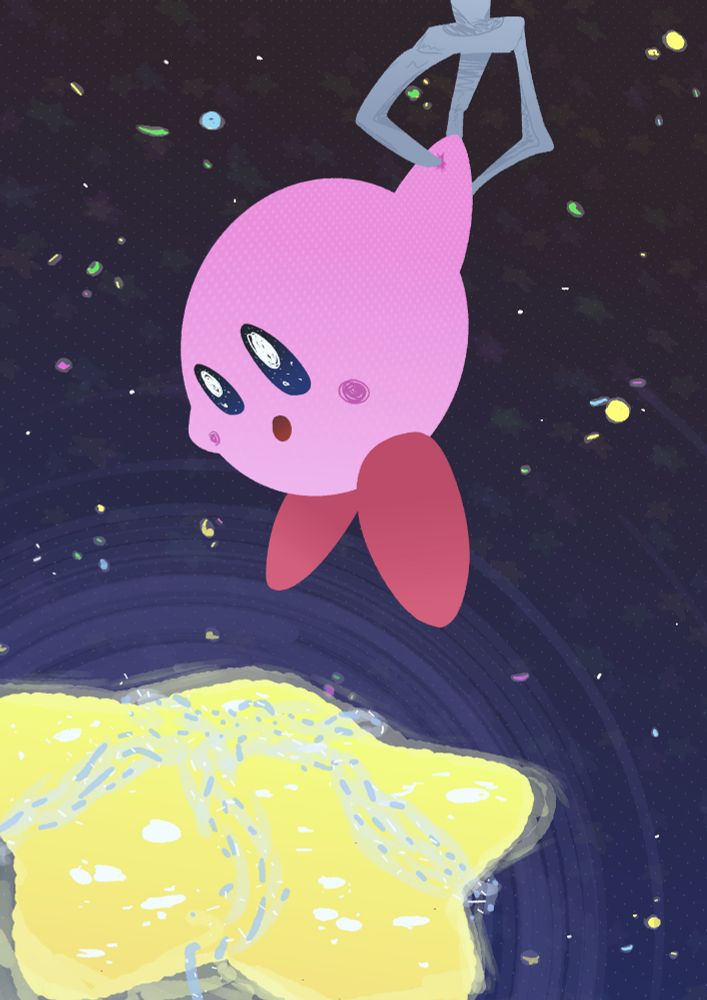 Digital drawing of Kirby being taken into space by a crane. He is looking at Pop Star below him. There are colorful stars in the background.