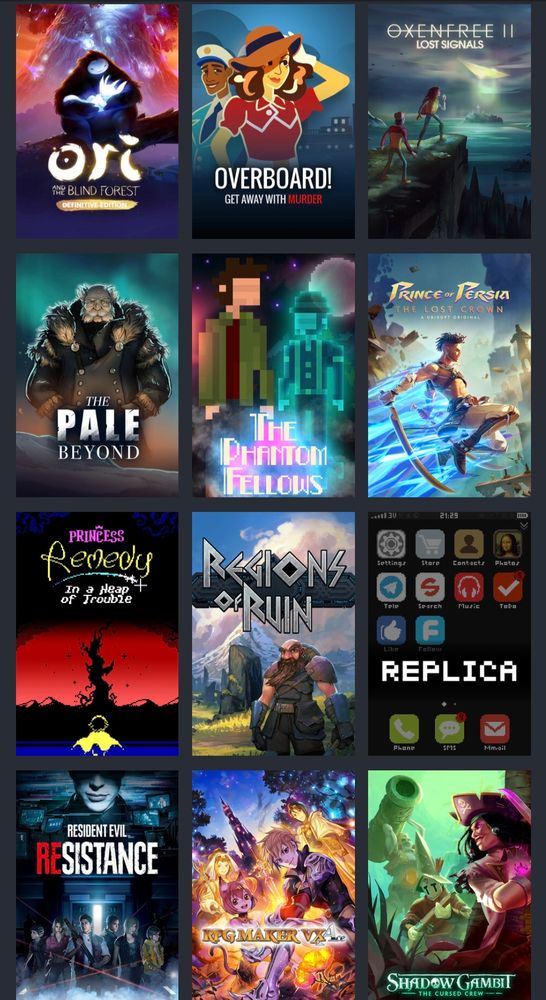 Ori, Ovdrboard, Oxenfree 2, The Pale Beyond, The Phantom Fellows, Prince of Persia, Replica, Shadow Gambit...