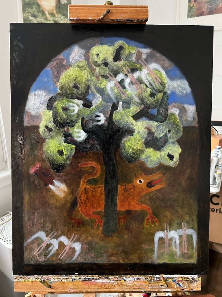A work in progress painting showing a view through an arch of a tree with a large heraldry-esque animal behind it in profile. A car is in the distance behind the animal, and around the tree are angels and birds