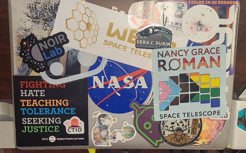 Many laptop stickers.