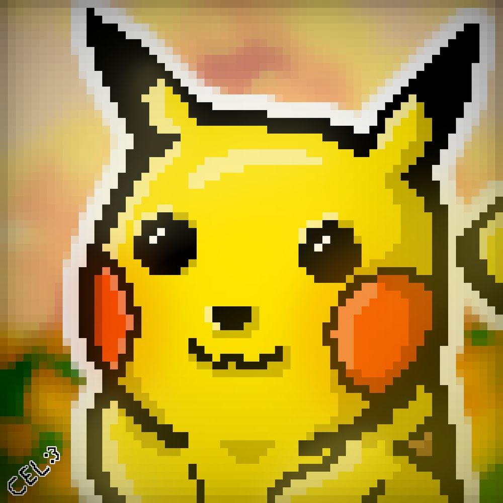 The pokemon pikachu drawn in pixel art.