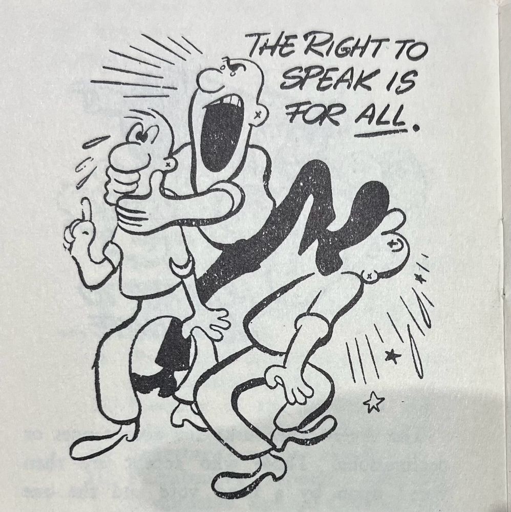 Man advocating free speech while suppressing it. Caricature from the 1940s. 