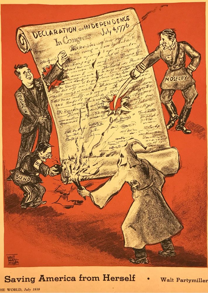 Antifascist art. Shows how fascists are attacking the US declaration of independence from different directions in 1939
