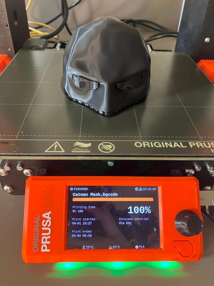 Photo of an in-progress 3D print in a 3D printer; the print looks like a human or alien head from top of the head to just under the cheekbones, in black filament