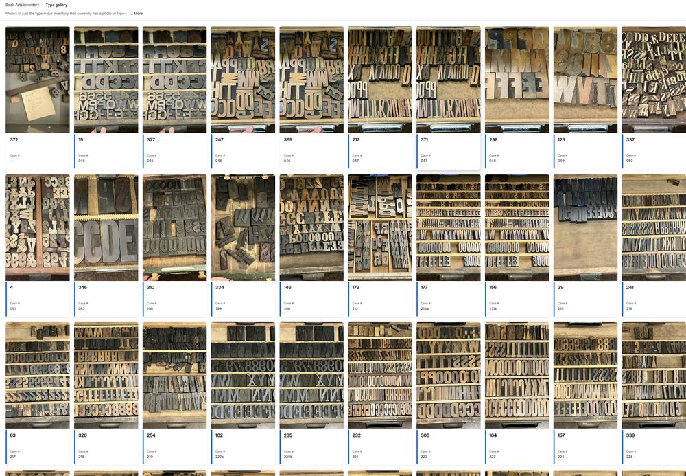 Screenshot of a grid photo gallery of drawers of wood letterpress type, with around 30 drawers of brown and black and yellow wood type, sans and san serif, varius typefaces shown