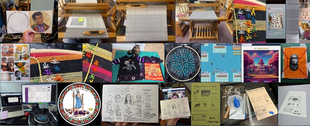 A colorful grid of photos from the last 7 days of #DHmakes-tagged Bluesky tweets, including watercolor painting for sticker making, floor loom weaving, insomnia visualization embroidery, letterpress medieval dog printing, anti-tyrrany quilt design planning, quilt tapestry, ink drawing conference panels, and embroidering NEH ODH grants visualization.