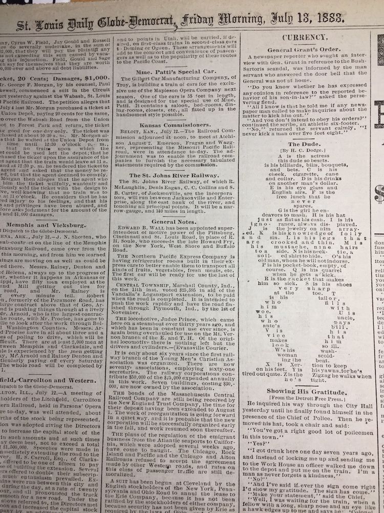 Ryan Cordell's newspaper page scan of the first reprinting of "The Dude" that he found, in the St. Louis Globe-Democrat (13 July 1883). It's an ASCII art style figure of a person in a hat, arms akimbo, legs bowed, all made with letterpress-printed letters