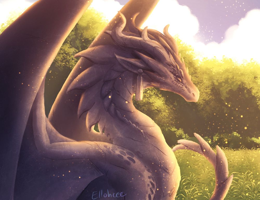 Digital art of a dragon statue poised elegantly, wings folded at his sides and tail curled up near his neck. In the distance is a grassy field with trees, late afternoon sun casting a warm orange light.