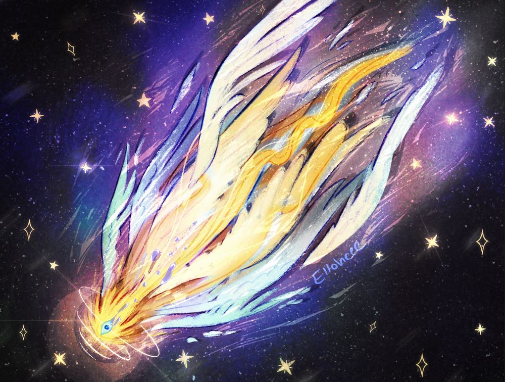 Digital art of a stylized comet falling towards the atmosphere. The nucleus is an eye with tears streaking out, and several wings and feathers trail behind as the comet falls.