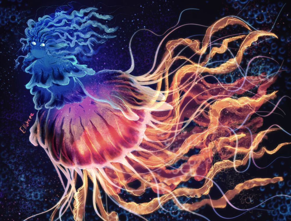 Digital art of a jellyfish mermaid, her torso blue and slightly transparent, with white eyes and long wavy hair. Further down the blue fades to purple at the bell of the jellyfish portion, then to pinkish red and then orange at the tentacles.