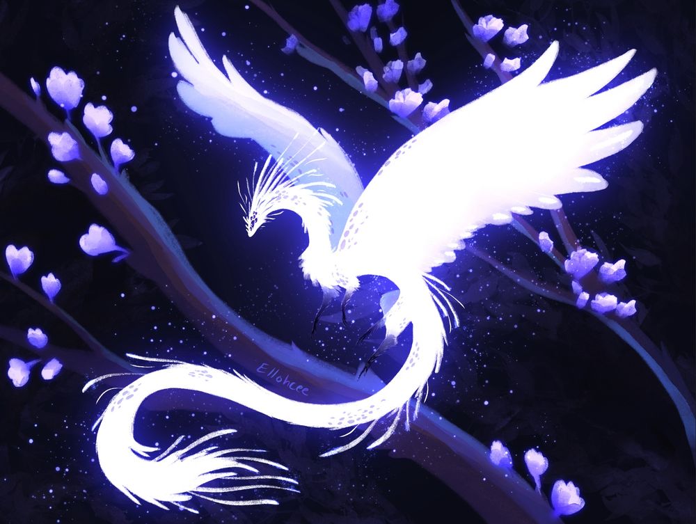 Digital art of a small white dragon flying above branches with light blue purple flowers. The dragon has feathery wings and a fuzzy body, longer individual feathers extending off the head, back and tail. Its feet are tipped black and it has faint purple marks along its body. The dragon emits a soft blue glow in the dark night.