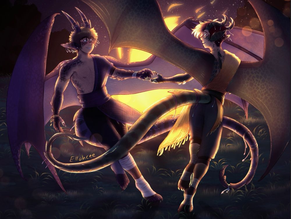 Digital art of two humanoid dragons dancing, circling around each other almost in flight, their wings propelling them. The one on the left has purple scales and accents, and the one on the right has green, various bits of beads and jewelry hanging off of them. Light from the bonfire in the background just barely shows through the membranes of their wings.