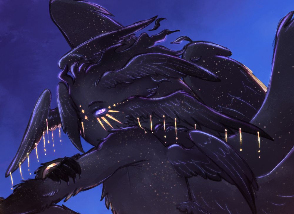 Digital art of an angel sitting hunched over on the edge of a flat surface, one leg drawn up and the other hanging down, arms folded over the knee. They have several pairs of wings stretched out, illuminated by golden light shining from below. Their arms and legs fade to black, gold shackles on their wrists and ankles dangling chains. Gold chains hang from their wing like ears.