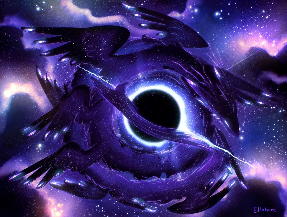A digital art of a long serpentine dragon with many wings, dark purple/black with glowing purple marks that resemble eyes at the ends of the feathers. It is curled around a black hole in space with stars and nebulas in the background