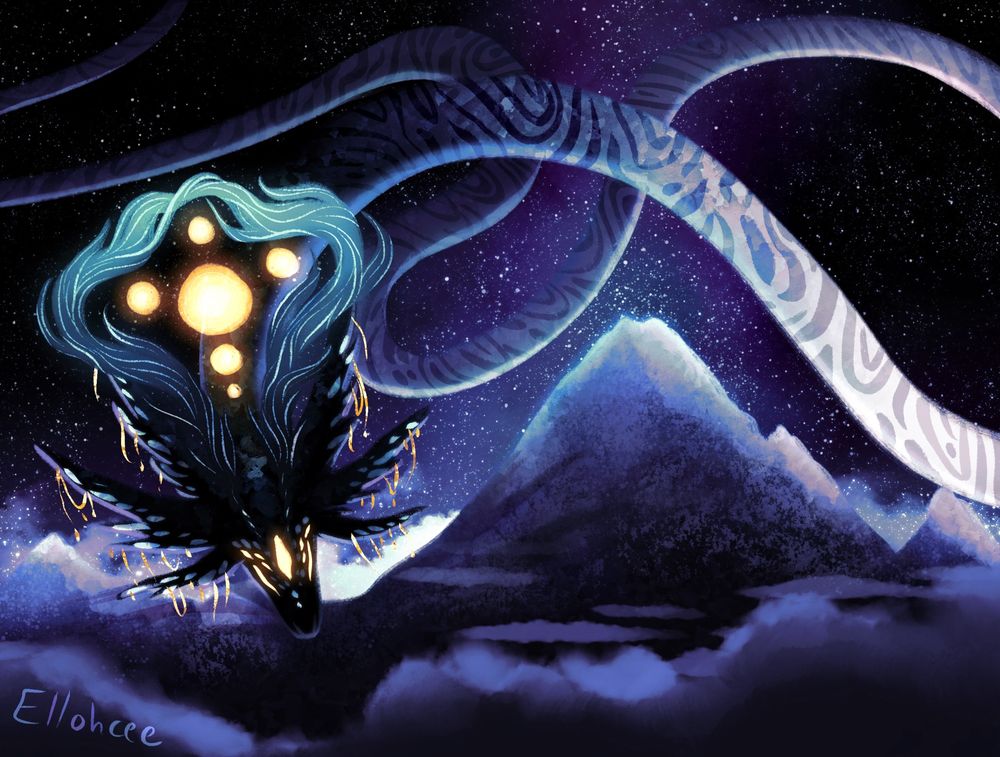 Digital art of a huge serpentine dragon looming over a mountain at night. Its horns creep up and intertwine like branches, several glowing orbs of light between them. It has several pairs of glowing golden eyes and gold chains hanging from its ears. Its body is covered in flowing patterns and stretches off far into the distance, fading into the night. 