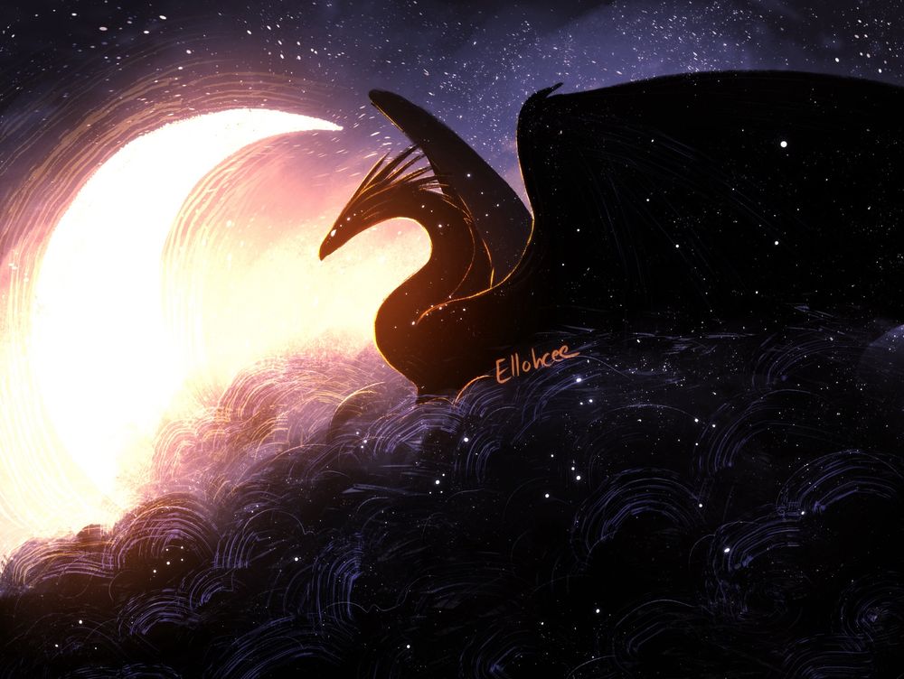 Digital art of a dragon rearing up from black clouds, wings open and covered in star like speckles. Behind the dragon the sky is dark at the edges of the canvas, growing lighter from shades of dusky blue to pink to yellow, where a large crescent moon glows brightly.