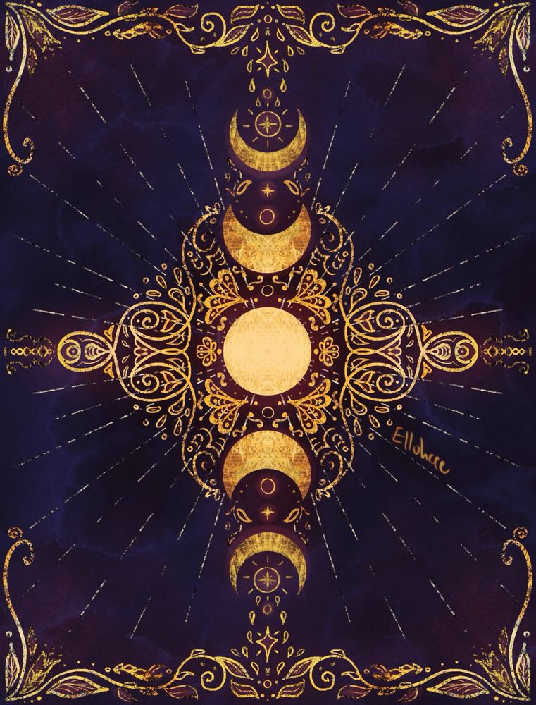 Digital art of a vertical line of moons in different phases, with the full moon in the center. Around the moons are many intricate details, mainly flowers and swirls. There are also vines and leaves on the top and bottom of the image, and radiating lines from the center of the image. The background is dark blue and purple, almost black, with all of the details and moons resembling gold leaf