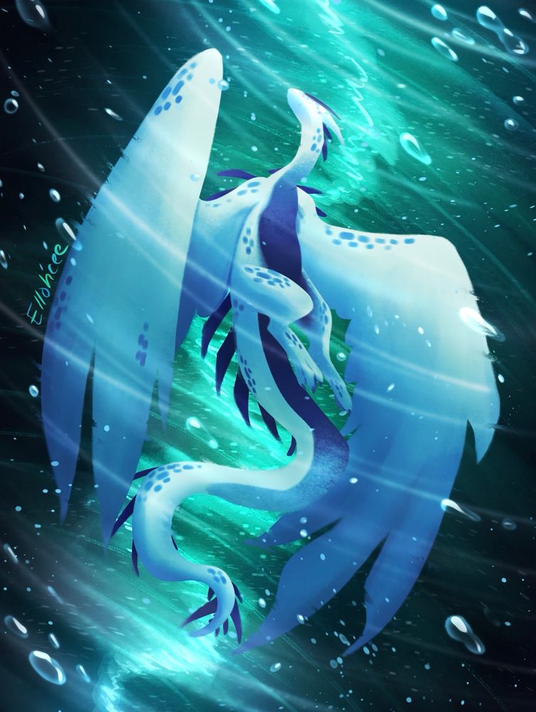 Digital art of the Pokémon Lugia with accents and additions to the design making it look more dragon-like, longer wings, more spines, and scales. It is swimming upwards in deep ocean that is glowing behind it, water and bubbles swirling around it.