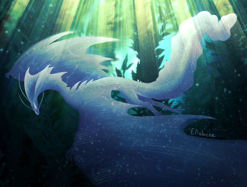 Digital art of a dragon swimming through a sunlit kelp forest, wings extended out on either side and head turned towards the viewer. Twin spiky fins run down the side of his head and converge at the shoulders, and the tail is lined with fins.