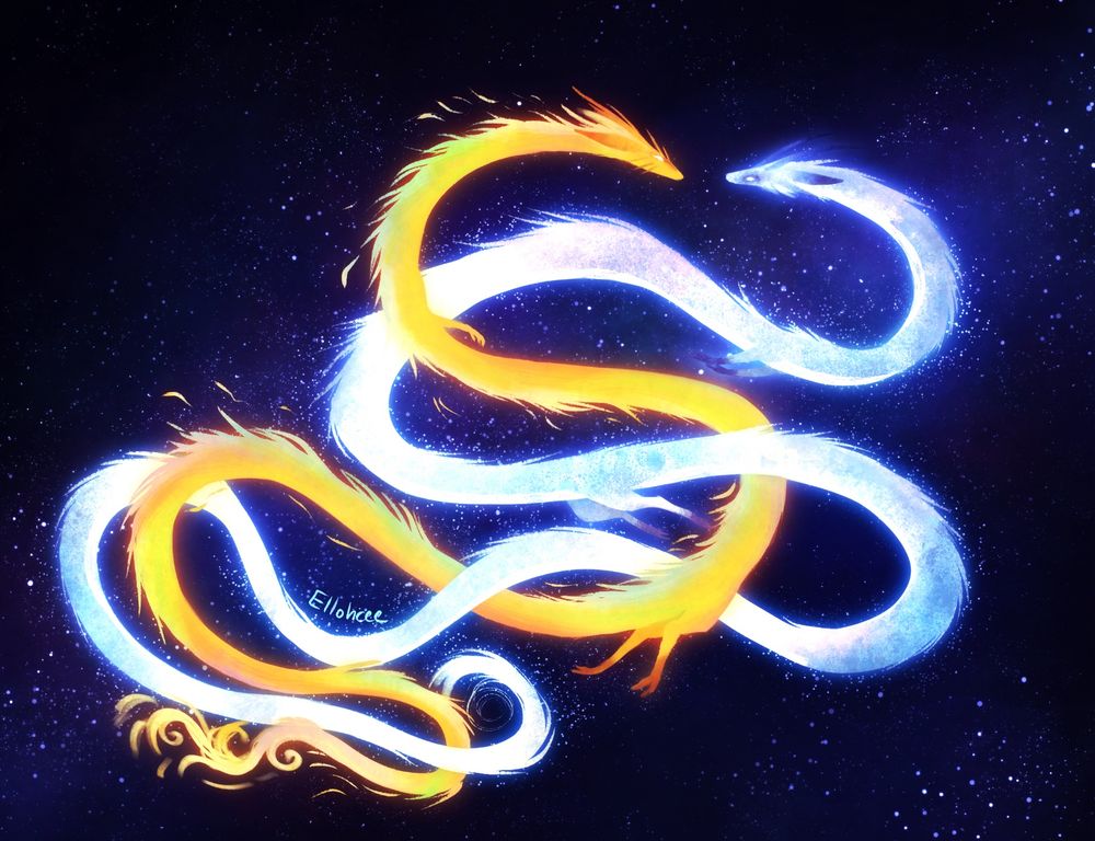 Digital art of two long serpentine dragons in space. They intertwine and coil gracefully around each other, one orange and one blue with faint traces of other colors. The orange dragon has flecks of flame coming off of its back and the blue one has glowing particles. They represent the sun and moon.