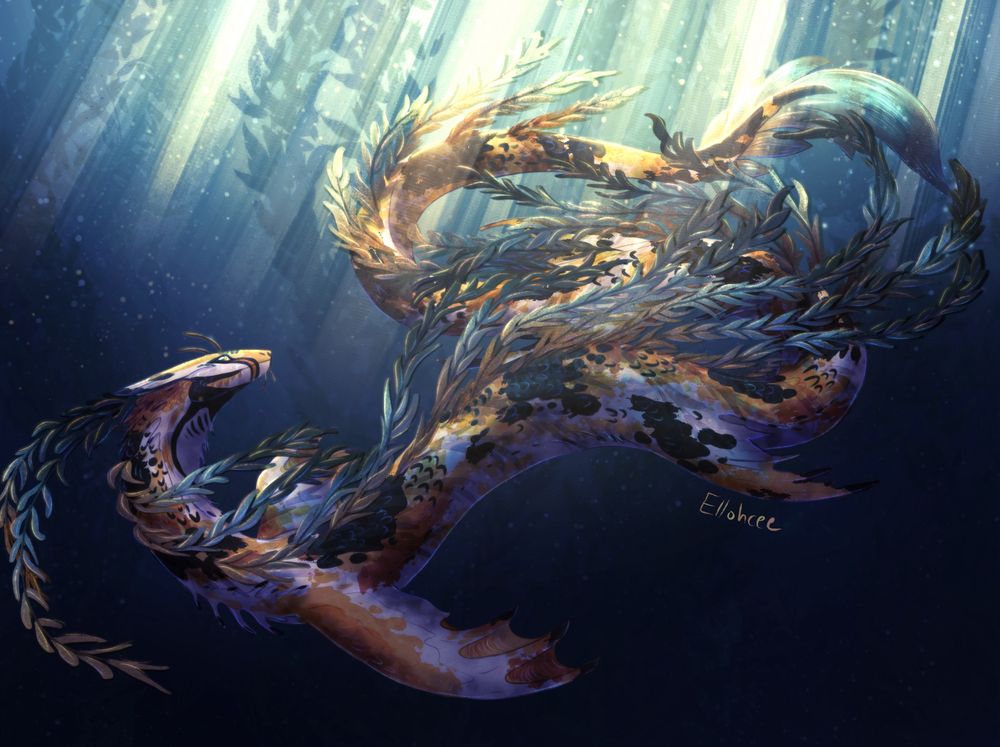 Digital art of a long sea dragon with koi-like colorations of white with mottled orange and black. Long strands of kelp emerge from the back. The dragon looks over the shoulder up at the surface of the water where light filters down.