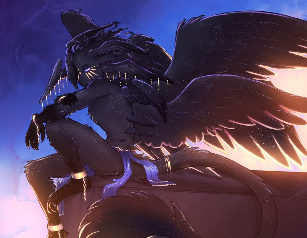 Digital art of an angel sitting hunched over on the edge of a flat surface, one leg drawn up and the other hanging down, arms folded over the knee. They have several pairs of wings stretched out, illuminated by golden light shining from below. Their arms and legs fade to black, gold shackles on their wrists and ankles dangling chains. Gold chains hang from their wing like ears.