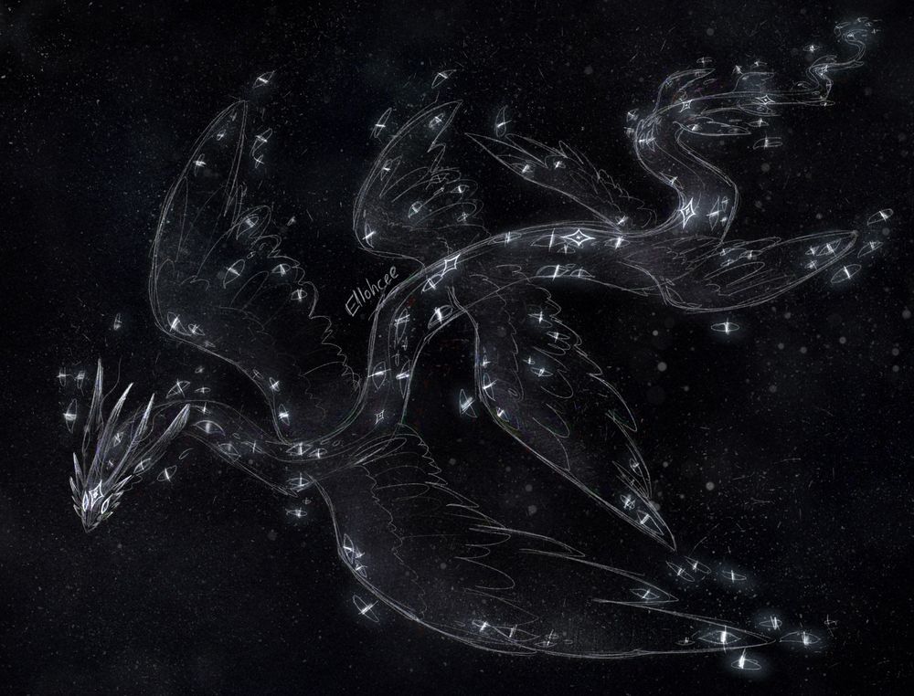 Digital art of a long serpentine dragon in a sketchy, simplified style. The dragon has multiple pairs of wings, going smaller down the length of the body. It is covered in eyes with thin, glowing pupils, some of the eyes floating off of its body. The background almost resembles space but is largely without color, the “stars” are more like dust and noise.