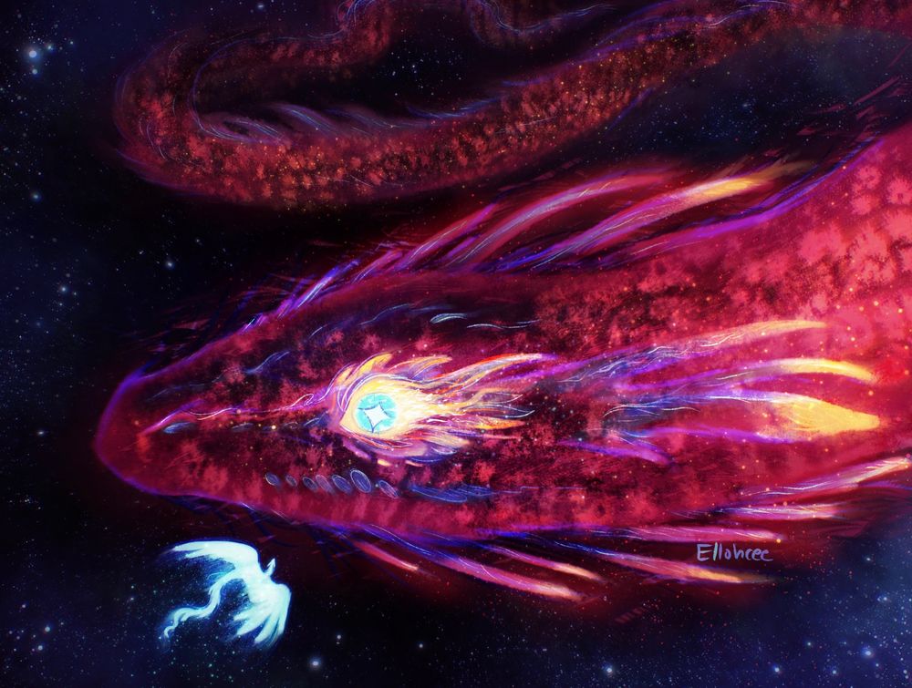 Digital art of a huge red dragon in space. Its long body trails off into the distance, covered in patches of both lighter and darker areas like a smoldering fire, accented with glowing blues and yellows. Its eye resembles flame, turning to blue in the center with a white star shape. Looking up at the beast is a much smaller blue dragon, its body trailing light. The huge dragon’s visible eye focuses on the smaller dragon, imposing but not threatening.