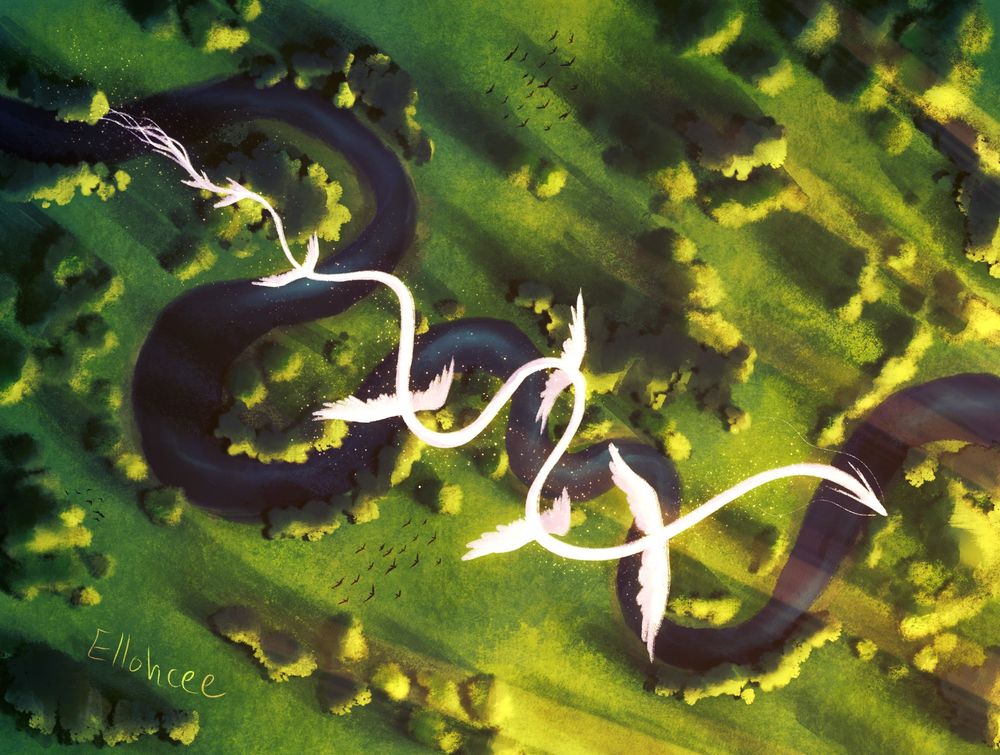 Digital art of a top down view of a grassy valley dotted with trees and a twisting river running across the land. High above the ground a long white dragon with multiple pairs of wings flies towards the setting sun, warm light cast on its body.