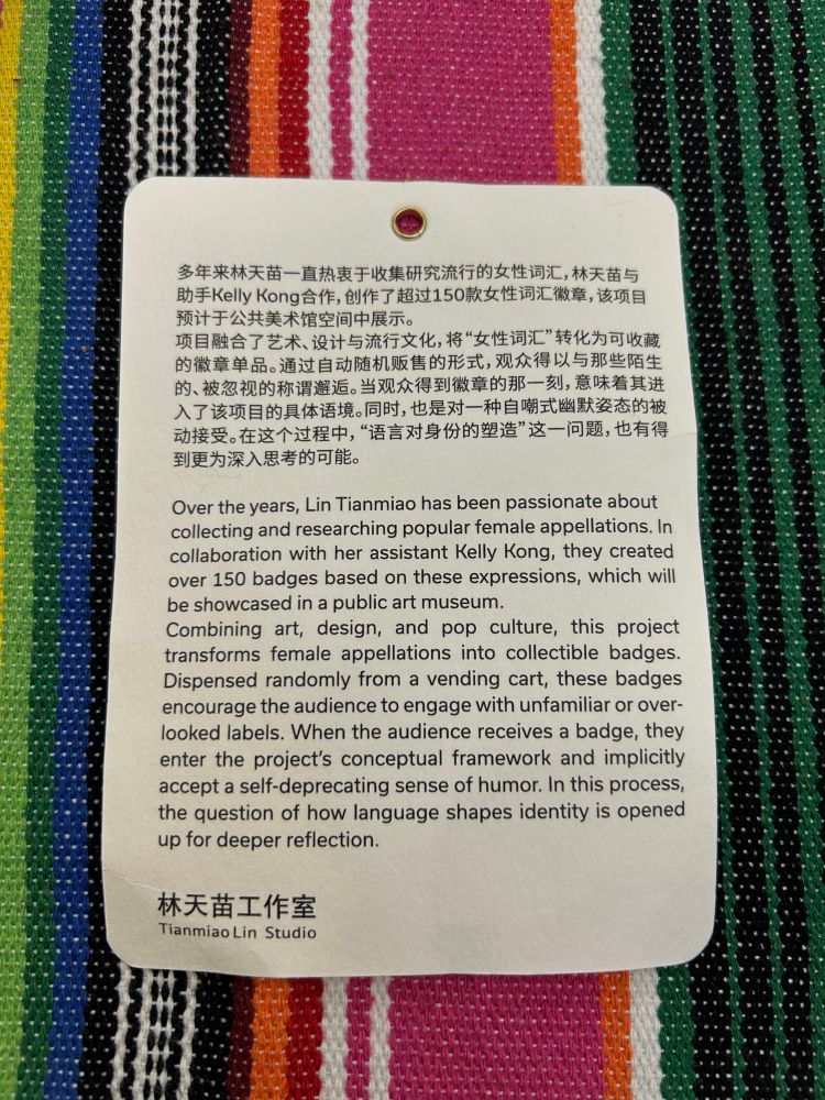 Back of the card that comes with the badge that explains:

多年来林天苗一直热衷于收集研究流行的女性词汇，林天苗与助手Kelly Kong合作，创作了超过150款女性词汇徽章，该项目预计于公共美术馆空间中展示。
项目融合了艺术、设计与流行文化，将“女性词汇”转化为可收藏的徽章单品。通过自动随机贩售的形式，观众得以与那些陌生的、被忽视的称谓邂逅。当观众得到徽章的那一刻，意味着其进入了该项目的具体语境。同时，也是对一种自嘲式幽默姿态的被动接受。在这个过程中，“语言对身份的塑造”这一问题，也有得到更为深入思考的可能。
Over the years, Lin Tianmiao has been passionate about collecting and researching popular female appellations. In collaboration with her assistant Kelly Kong, they created over 150 badges based on these expressions, which will be showcased in a public art museum.
Combining art, design, and pop culture, this project transforms female appellations into collectible badges.
Dispensed randomly from a vending cart, these badges encourage the audience to engage with unfamiliar or overlooked labels. When the audience receives a badge, they enter the project's conceptual framework and implicitly accept a self-deprecating sense of humor. In this process, the question of how language shapes identity is opened up for deeper reflection.
林天苗工作室
Tianmiao Lin Studio