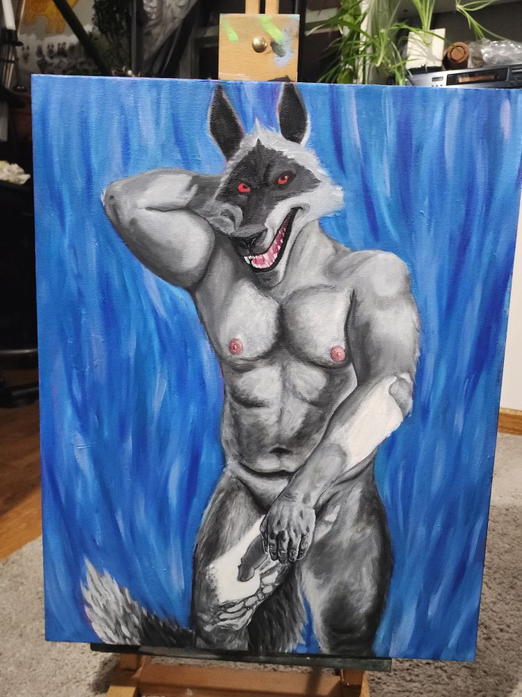A work in progress oil painting of El Lobo/Death Wolf from Puss in Boots 2. He's standing naked against a background of blue flames, one muscular arm lifted as he obscures his genitals with his other hand. His semi-erect cock casts a shadow onto his thigh.