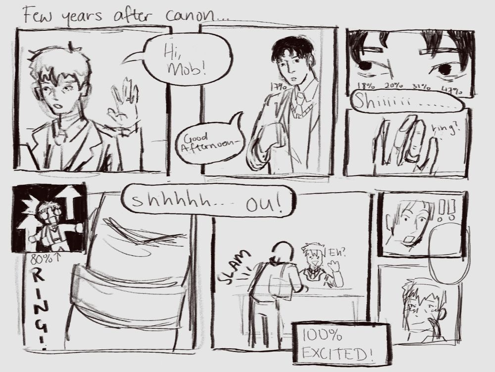 A comic of Reigen and Mob 10 years after canon. Reigen greets Mob with a wave as he walks in the office. Mob spots the ring on his finger, with his percentage going up. He slams his hands on the table. He's 100% excited about the engagement. He's surprised and Reigen looks bashful.
R: "Hi Mob!"
M: "Good afternoon-"
M: "Shiiiiii......"
M: "shhhh... ou!"
[100% Excited]

There's an empty textbox but it should be Mob asking about the proposal.