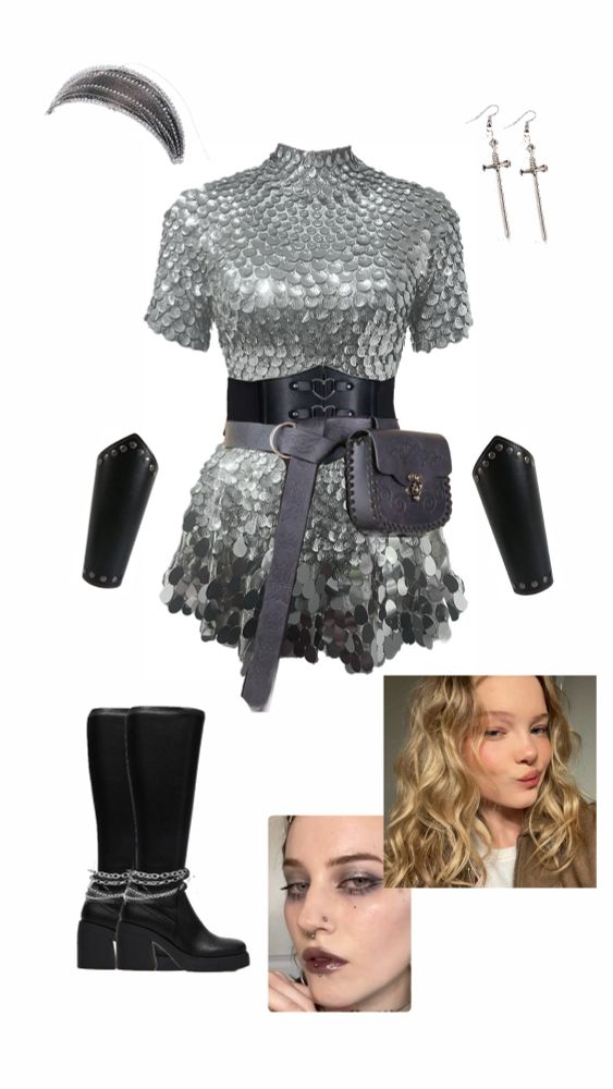 Sequin mini dress with boots leather belt, and leather wrist cuffs along with other accessories like sword earrings and a silver headband 