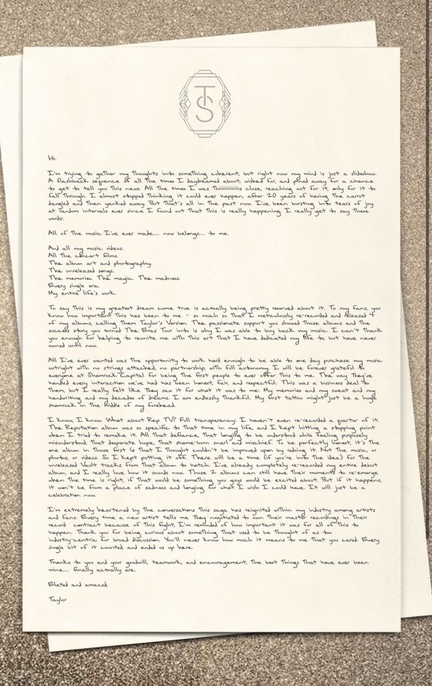 A letter on Taylor swifts website 