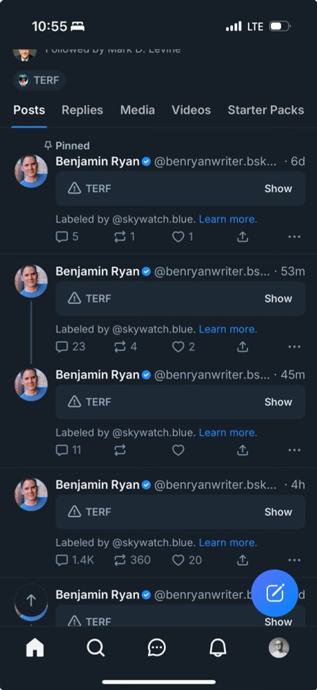 A screenshot of Benjamin Ryan’s profile showing all posts flagged as “TERF”