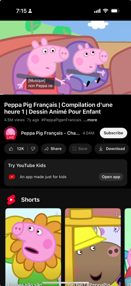 A screenshot of YouTube playing Peppa Pig in French. 