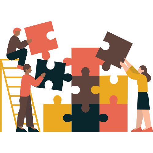 Animated image of multiple people working together to fit large puzzle pieces together, indicating building a foundation and teamwork.
