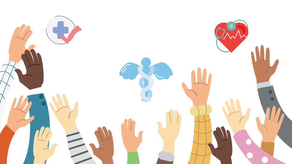 Illustrated image of hands being held up and symbols of healthcare.