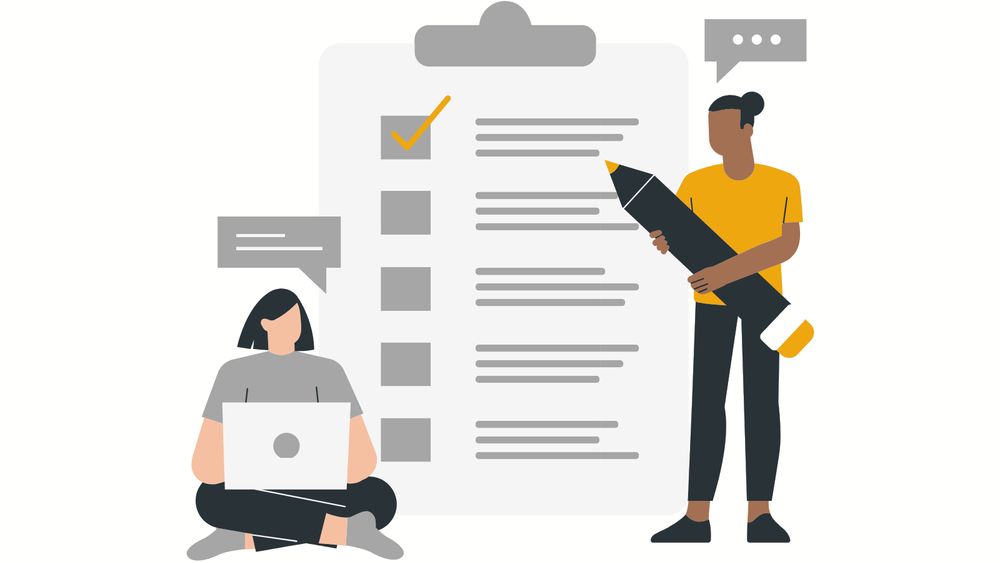 Illustrated image of two people working together on a list of items.