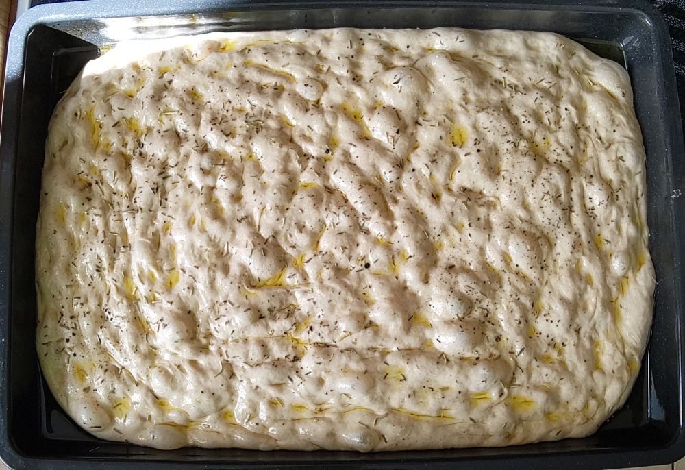 bubbly Focaccia dough prepared on a tray before baking - seasoned with olive oil, Italian herbs and a little black pepper