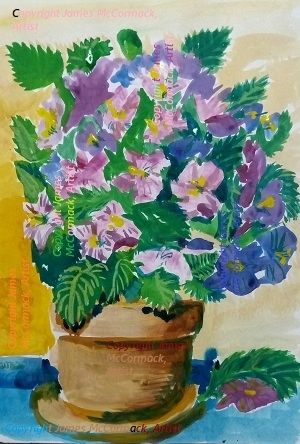 G.
Hydrangeas in pink and purple
By
James McCormack
Gouache On Paper

Hydrangeas in pink, purple and blue, in an earthen pot, with dark green leaves .