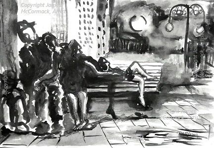After Dark.
G.
"After Dark" is a drawing showing the city after dark, with four dark figures sleeping on a bench, close together for warmth. Where do people go if they have no home, no place,? They stay, in the dark  the cold, sometimes hungry. Offices and church are closed, everyone else has gone home.
An original composition by James McCormack.