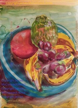 G. 
Fruit by James McCormack.

Painting of a bowl of fruit containing tangerines, kaki  or persimmon, banana and grapes . 
