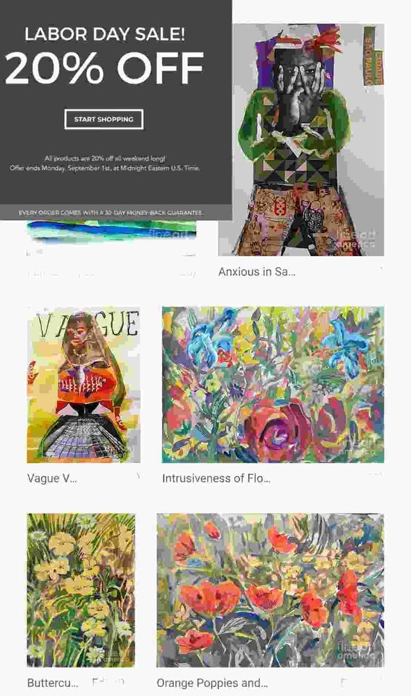 Selection of paintings and collages, prints in sale.