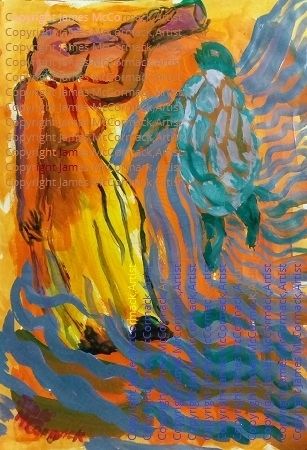G.
I Drink and Dream of Dancing Turtle.
Painting in acrylic of a woman dressed in a long dress of orange and yellow, she dreams of blue water around her as she watches a dancing turtle.