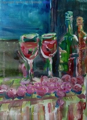 Wine. 
G.
Red wine in two glasses, a bottle, with grapes, on a tablecloth. 